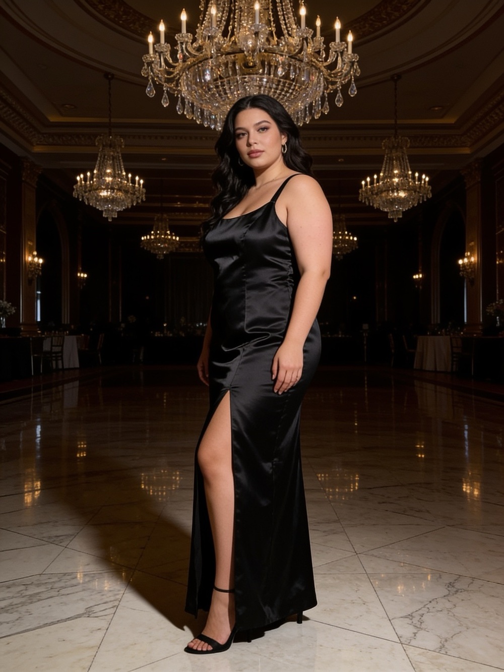 Satin Slip Gown with Thigh Slit - Black